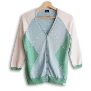 OAKLEY Argyle Intarsia Cardigan Fine Knit Sweater Button Down Green & Blue Sz XS